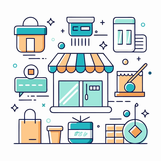 Tienda en línea con bolsas de compras, tarjetas de crédito y marketing digital