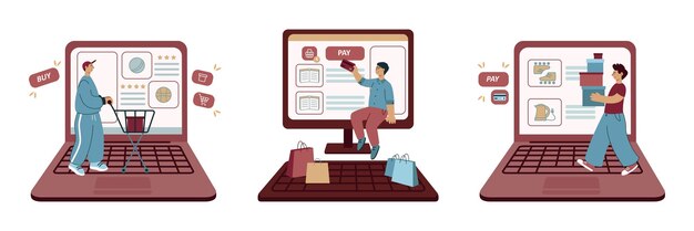 Tienda en línea de clientes Las personas usan computadoras y computadoras portátiles para visitar el sitio web y comprar productos