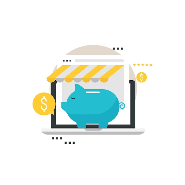 Tienda en línea, compras en línea, e-compras, comercio electrónico, compra en línea, venta, descuentos, ahorros vector ilustración plana diseño para móviles y gráficos web