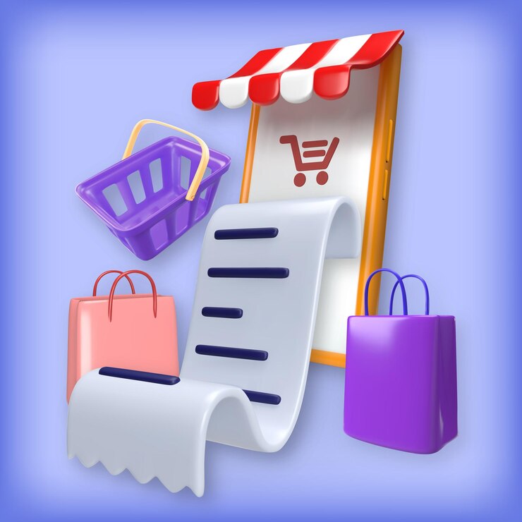 Vector tienda en línea compras móviles ilustración vectorial realista render 3d de teléfono inteligente con dosel recibo de compra bolsas de compras y cesta