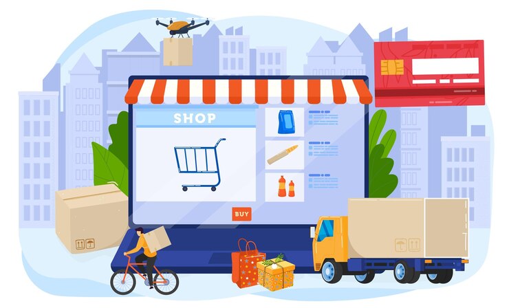 Vector tienda en línea entrega vector ilustración dibujos animados plano pedidos en línea en aplicaciones de compras móviles envío de mercancías con vía de mensajería o drone