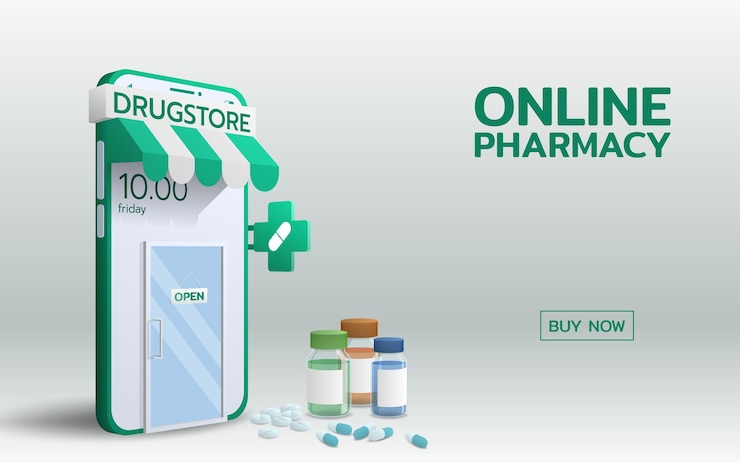 Tienda en línea de la farmacia en el teléfono inteligente móvil con una pila de bolsa durgs y el letrero dice abierto colgando de una puerta de vidrio. El comercio mundial conecta el concepto de tecnología empresarial.