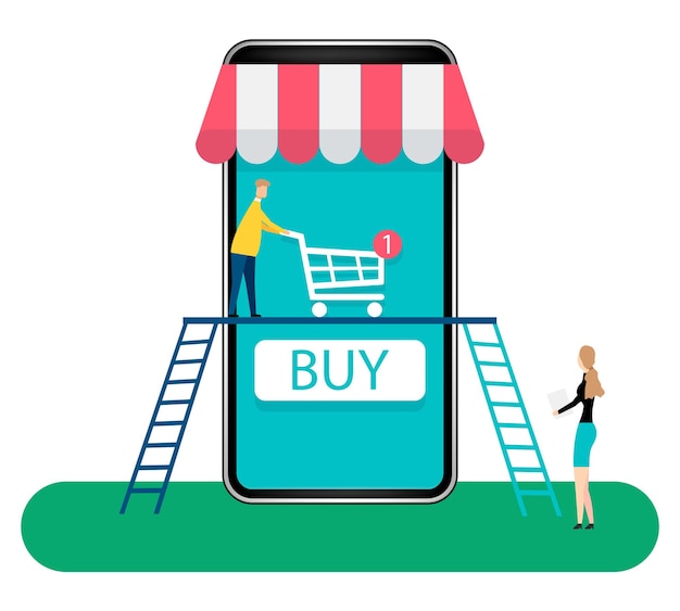 Tienda en línea en el teléfono inteligente moderno aislado sobre fondo blanco Ilustración vectorial