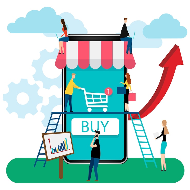 Vector tienda en línea en el teléfono inteligente moderno aislado sobre fondo blanco ilustración vectorial