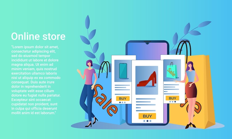 Vector tienda en líneala gente vende y compra productos en líneael concepto de comercio en líneailustración vectorial plana