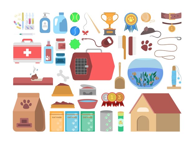 Tienda de mascotas con diferentes productos para animales. Comida y juguete para mascota doméstica en la tienda. Cuidado de perros y gatos. ilustración