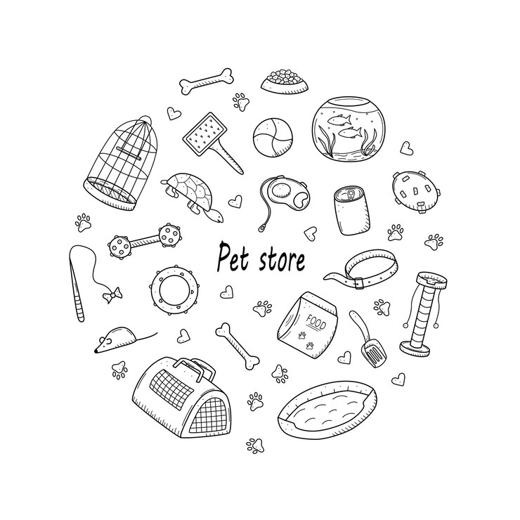 Tienda de mascotas doodle un conjunto de iconos de productos para la tienda de animales Ilustración vectorial