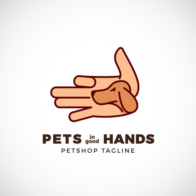 Tienda de mascotas emblema o plantilla de logotipo. estilo de línea palm con una silueta de cara de perro.