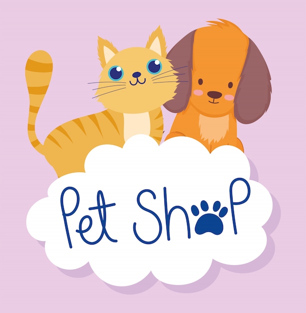 Tienda de mascotas, lindo gato y perro en la nube de dibujos animados ilustración vectorial doméstica