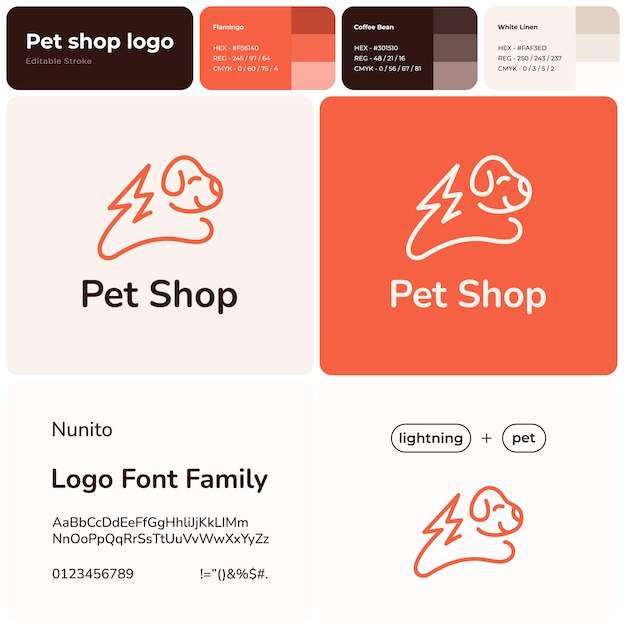 Tienda de mascotas logotipo de empresa de línea naranja Marca Curso de entrenamiento Silueta de perro con símbolo de rayo Elemento de diseño Identidad visual divertida Fuente Nunito utilizada Adecuado para entrenador de mascotas de refugio de animales