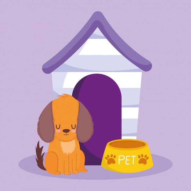 Vector tienda de mascotas, perro sentado con cuenco y dibujos animados domésticos de animales domésticos