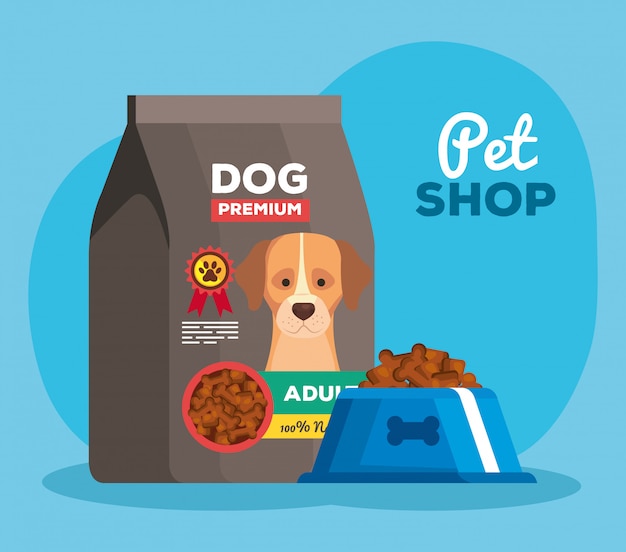 Vector tienda de mascotas con plato y bolsa de comida para perros, diseño de ilustraciones vectoriales