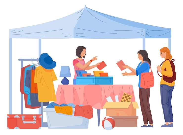 Vector tienda de mercado de pulgas cosas de color que venden ilustración aislada sobre fondo blanco