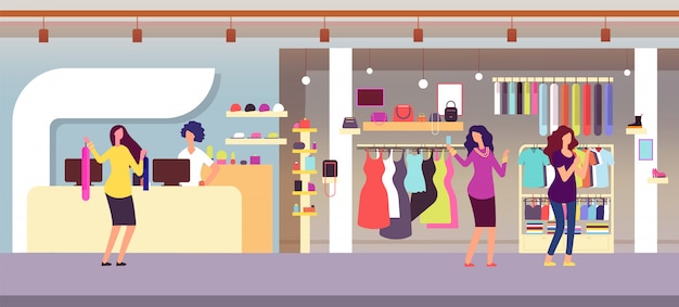 Vector tienda de moda. compras mujeres en boutique con ropa y accesorios de mujer. tienda de ropa interior ilustración plana