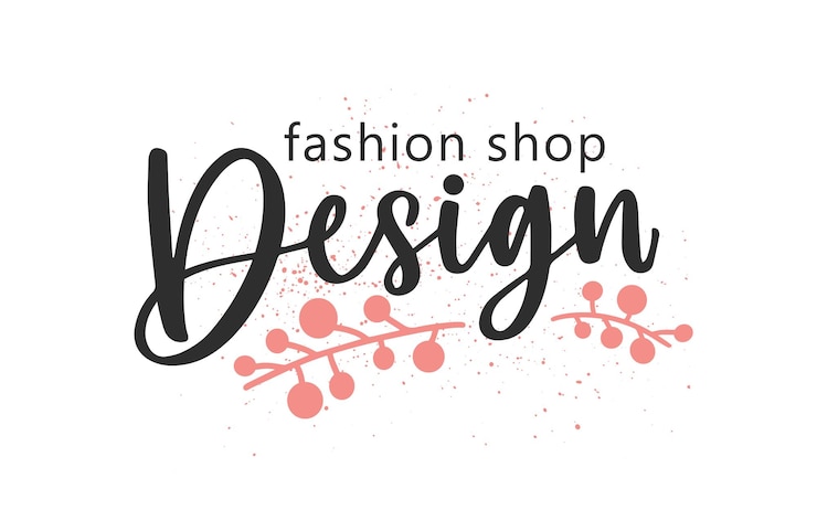 Vector tienda de moda de diseñador con letras de color escritas a mano. inscripción cursiva del nombre del boutique de la pincelada con la caligrafía del vector aislado de los elementos florales. tienda de diseño de logotipo con tipografía caligráfica.