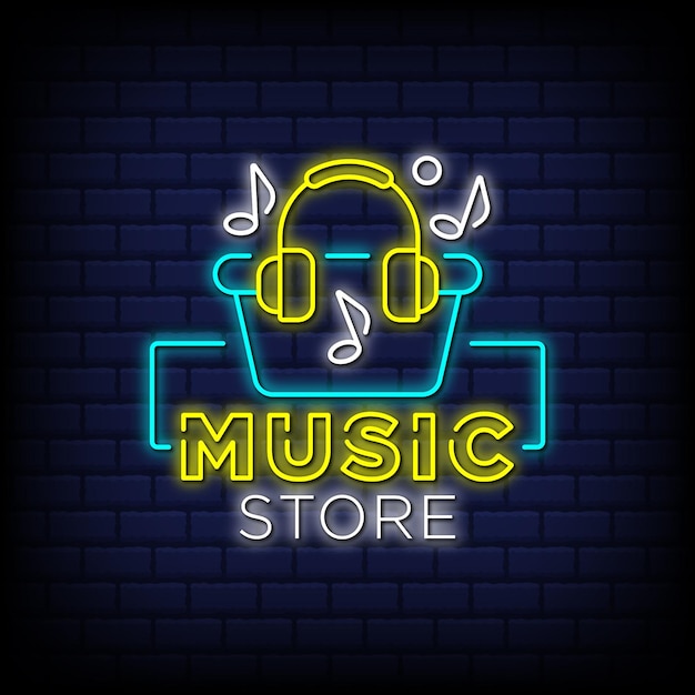 Tienda de música de letrero de neón vectorial con fondo de pared de ladrillo