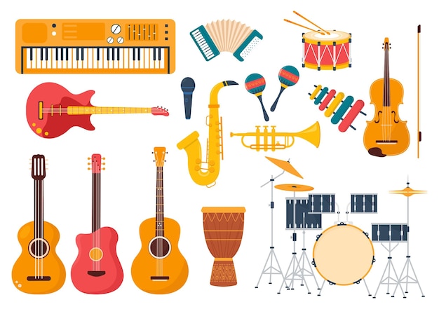 Vector tienda de música con varios instrumentos musicales y grabación de audio en ilustración de plantilla de estilo plano