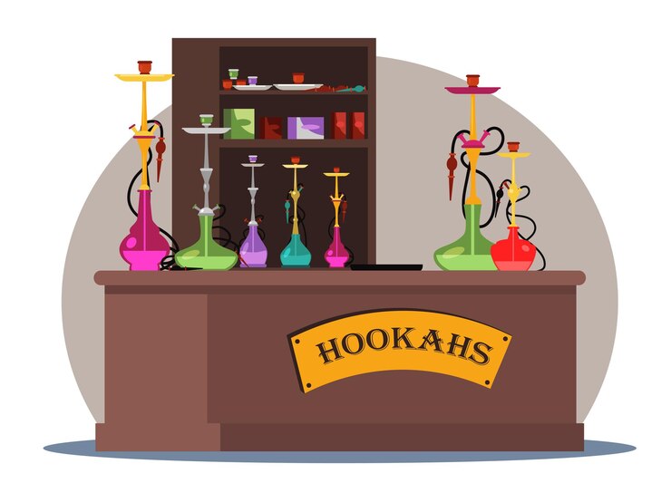 Vector tienda de narguiles o barra de salón con pipa para fumar shisha y accesorios equipo para fumar tabaco con sabor y mezclas