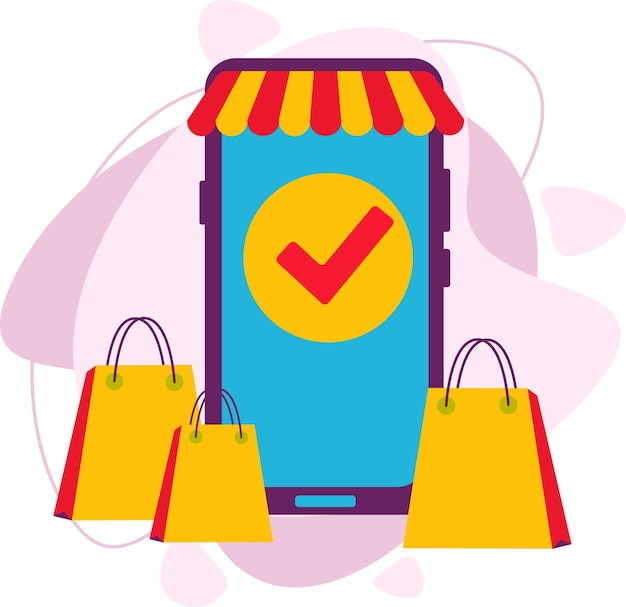 Tienda online en un smartphone. Bolsas de compra. Compras móviles. Ilustración de vector de estilo plano.