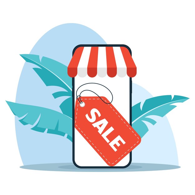 Tienda online en el teléfono, venta, descuentos. ilustración vectorial