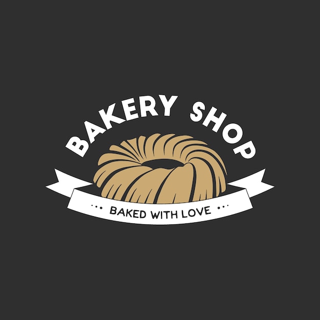 Tienda de panadería de estilo vintage etiqueta simple, insignia, emblema, plantilla de logotipo. Arte gráfico de alimentos con elemento de vector de diseño de pastel grabado con tipografía. Pastelería orgánica lineal sobre fondo negro.