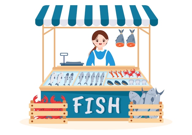 Tienda de pescado para comercializar varios productos frescos e higiénicos mariscos en ilustración plana de dibujos animados