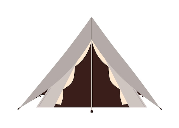 Tienda piramidal con techo triangular aislado sobre fondo blanco. Refugio de lona para recreación en la naturaleza, camping y senderismo. Equipamiento turístico. Ilustración de vector de dibujos animados planos coloreados.