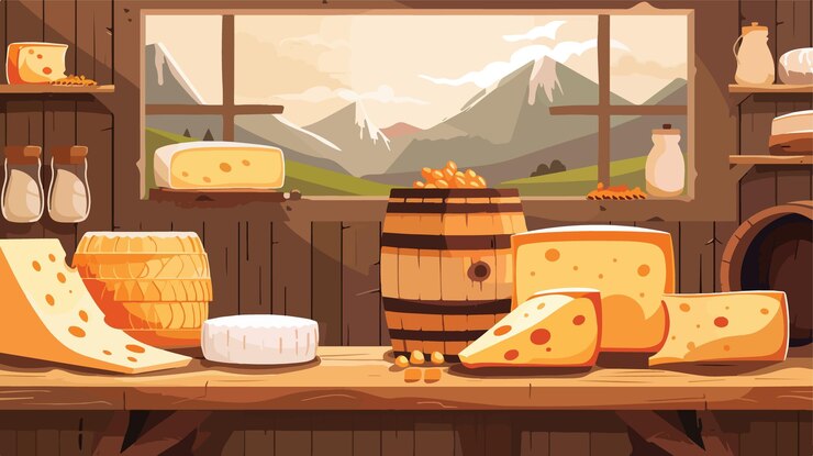 Vector tienda de queso en las montañas