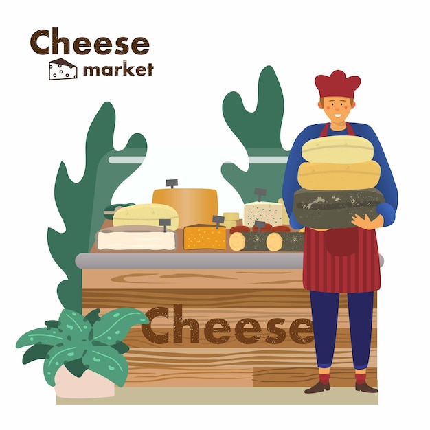 Vector tienda de quesos con vendedor en el mercado del queso mercado agrícola