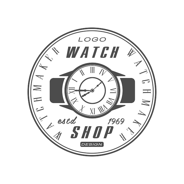 Tienda de relojes estd 1969 diseño de logotipo insignia de relojero monocromático emblema de servicio de reparación de relojes vintage vector Ilustración aislada sobre un fondo blanco