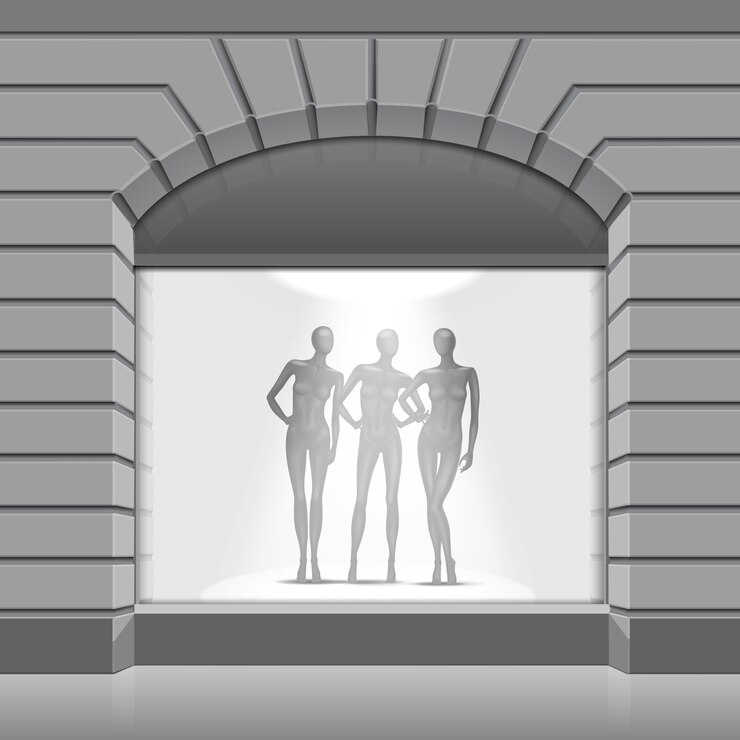 Vector tienda de ropa boutique frente de tienda con maniquíes