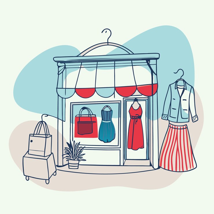 Vector una tienda de ropa colorida con varias prendas y bolsas