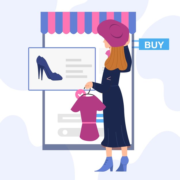 Tienda de ropa compras en línea venta de moda trabajo independiente comercio electrónico diseño plano publicaciones vectoriales