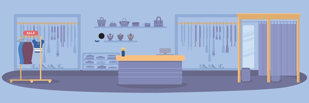 Tienda de ropa panorama boutique interior con perchas y maniquíes Bolsos de moda venta de ropa y accesorios