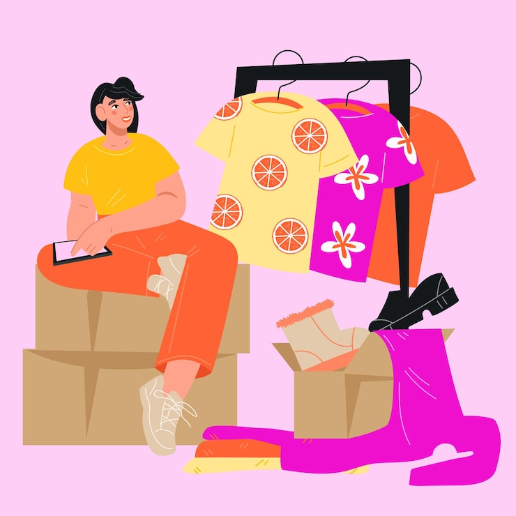 Vector tienda de segunda mano y fiesta de intercambio mercadillo en internet y donación de ropa