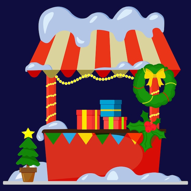 Una tienda de souvenirs. Ilustración de vector del mercado de Navidad. Una pancarta al estilo de dibujos animados.