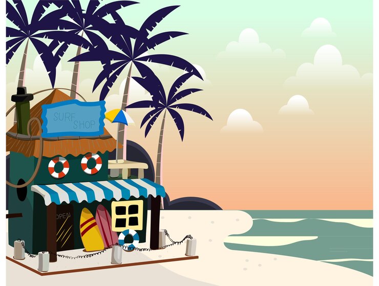 Tienda de surf en la playa al atardecer