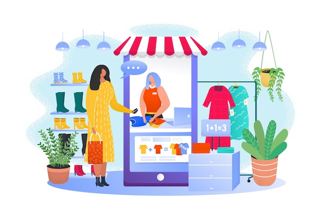 Vector tienda de teléfonos inteligentes, mujer en la tienda en línea, ilustración vectorial, personaje de niña comprar ropa en tecnología de internet, cliente de camiseta de venta de trabajador.