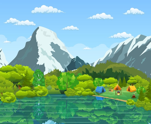 Tienda turística y prado verde, montañas en un cielo nublado. Campamento de verano. Paisaje de vector natural. ilustración vectorial en diseño plano