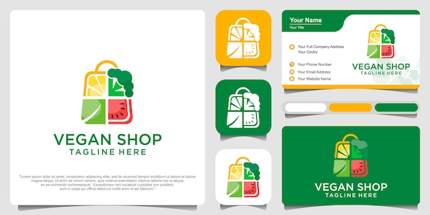 Tienda de verduras combinación de plantillas de logotipos premium veganos y de bolsas de la compra