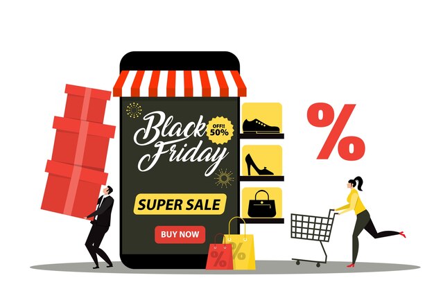 Tienda de viernes negro, tienda de mujer tienda online, ilustración de marketing de compra promocional