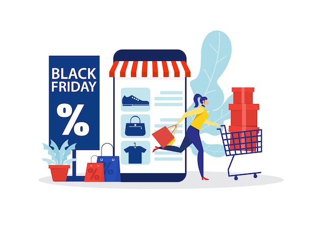Tienda de viernes negro, tienda de mujer tienda online, ilustración de marketing de compra promocional