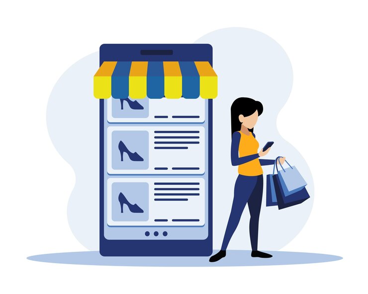 Vector tienda virtual mujer buscando tacones de aguja en la tienda de calzado de internet chica con numerosas bolsas en la mano mirando la pantalla táctil del teléfono inteligente ilustración de vector plano
