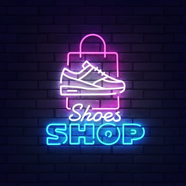 Tienda de zapatos letrero de neón letrero luminoso banner de luz Etiqueta de la tienda de zapatos emblema de neón Ilustración vectorial