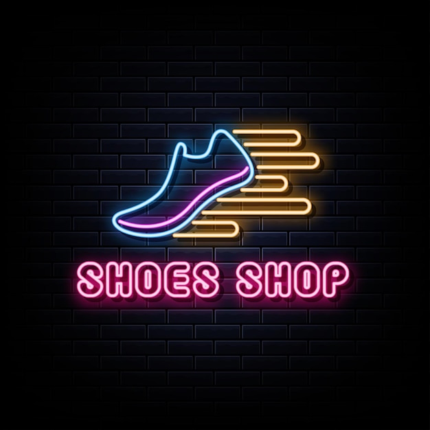 Tienda zapatos con letreros neón plantilla diseño vectorial estilo neón