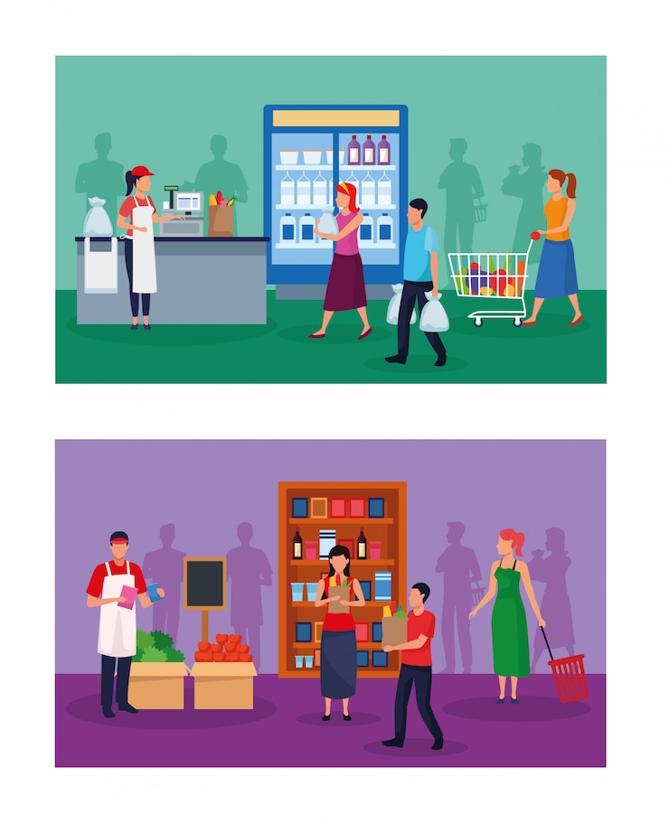 Vector tiendas de abarrotes con personajes de personas