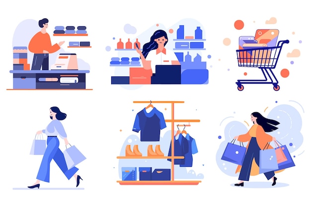 Tiendas y tiendas de ropa dibujadas a mano en centros comerciales en estilo plano aisladas en el fondo