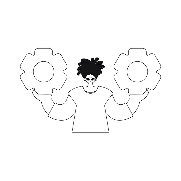 Tiene engranajes ahuecados en ambas manos, ilustrados en linealidad de estilo vectorial.
