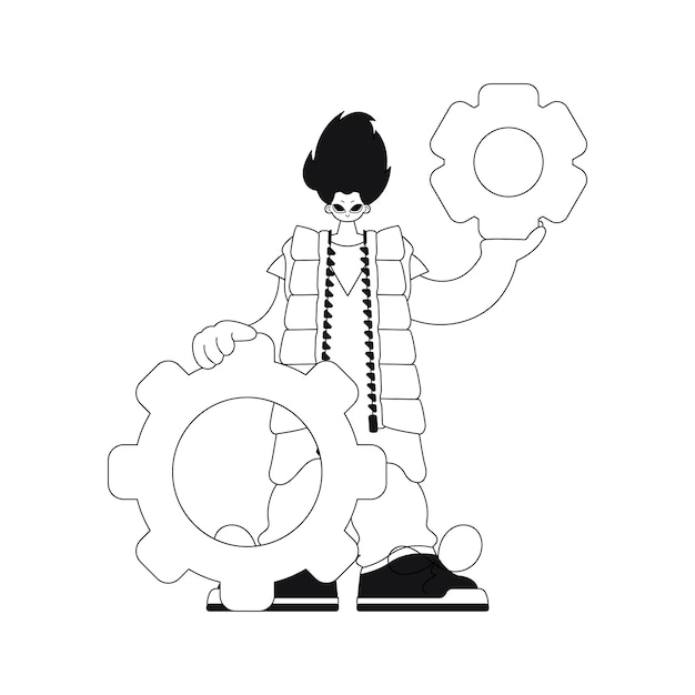Tiene engranajes en sus manos ilustrados en un estilo vectorial lineal.
