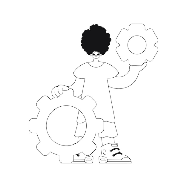 Tiene un equipo en las manos representado linealmente como ilustración vectorial.